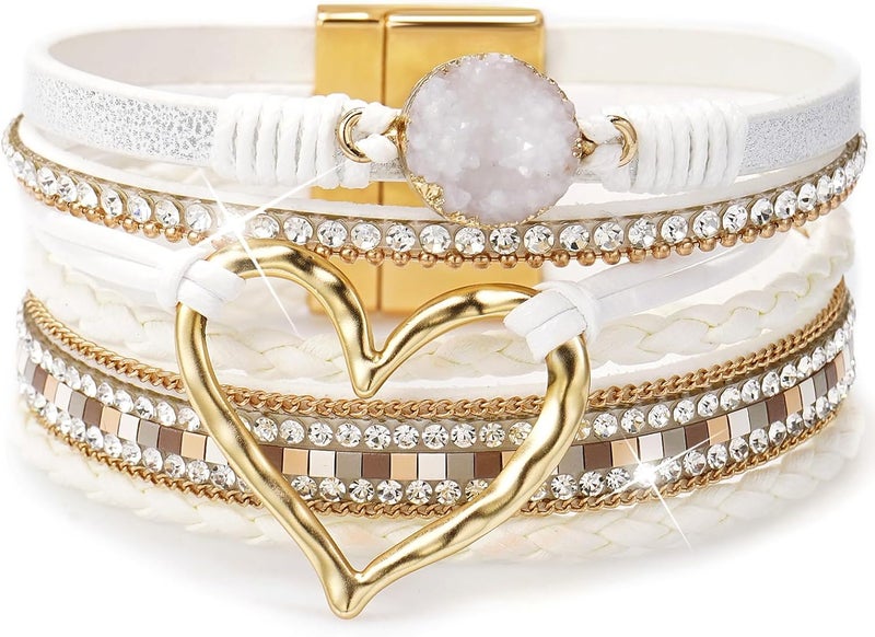 Suyi Multilayer Leather Wrap Bracelet Heart-Shape Wide Cuff Bracelets for Women - Image 1